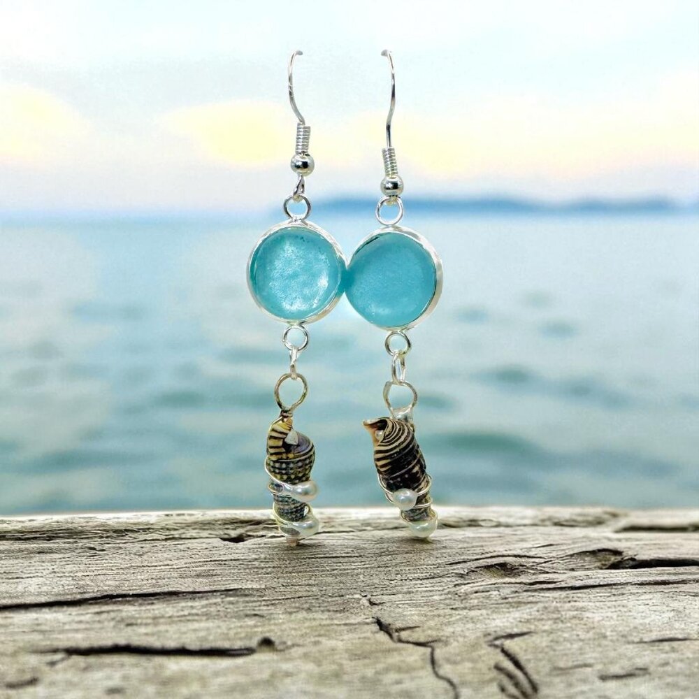 Sea Glass & Shell Dangle Earrings - 925 Silver Hooks Coastal Boho 3"